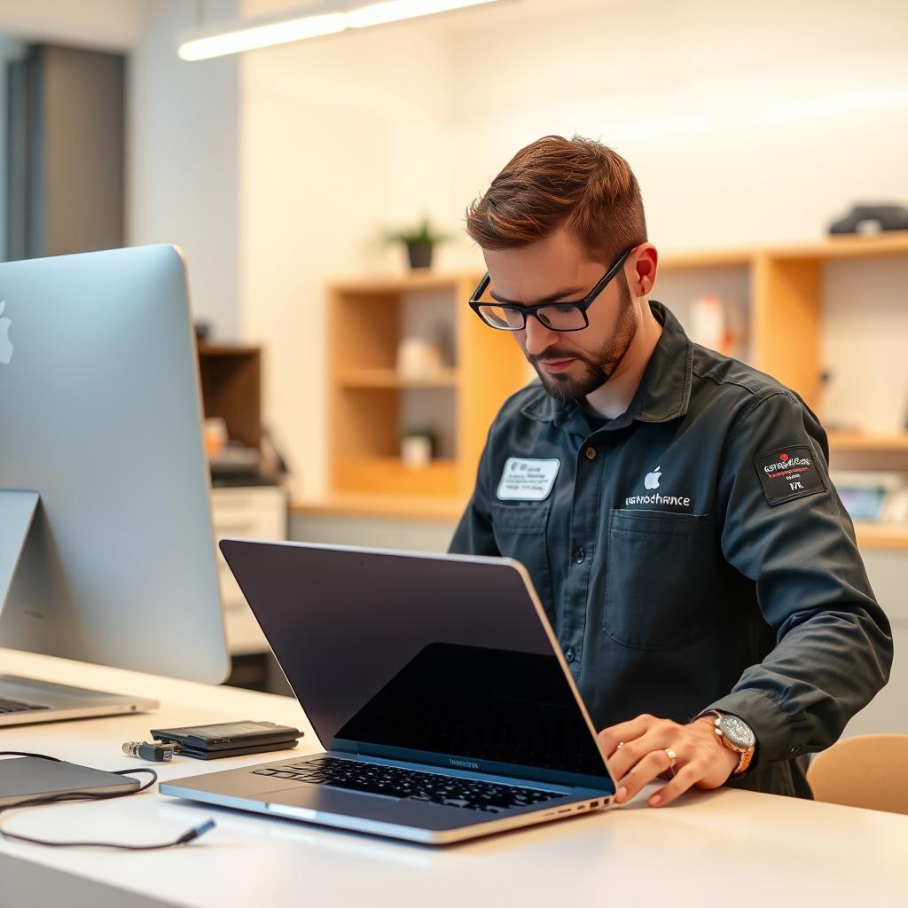 Tekniker der arbejder på MacBook skærm reparation i København