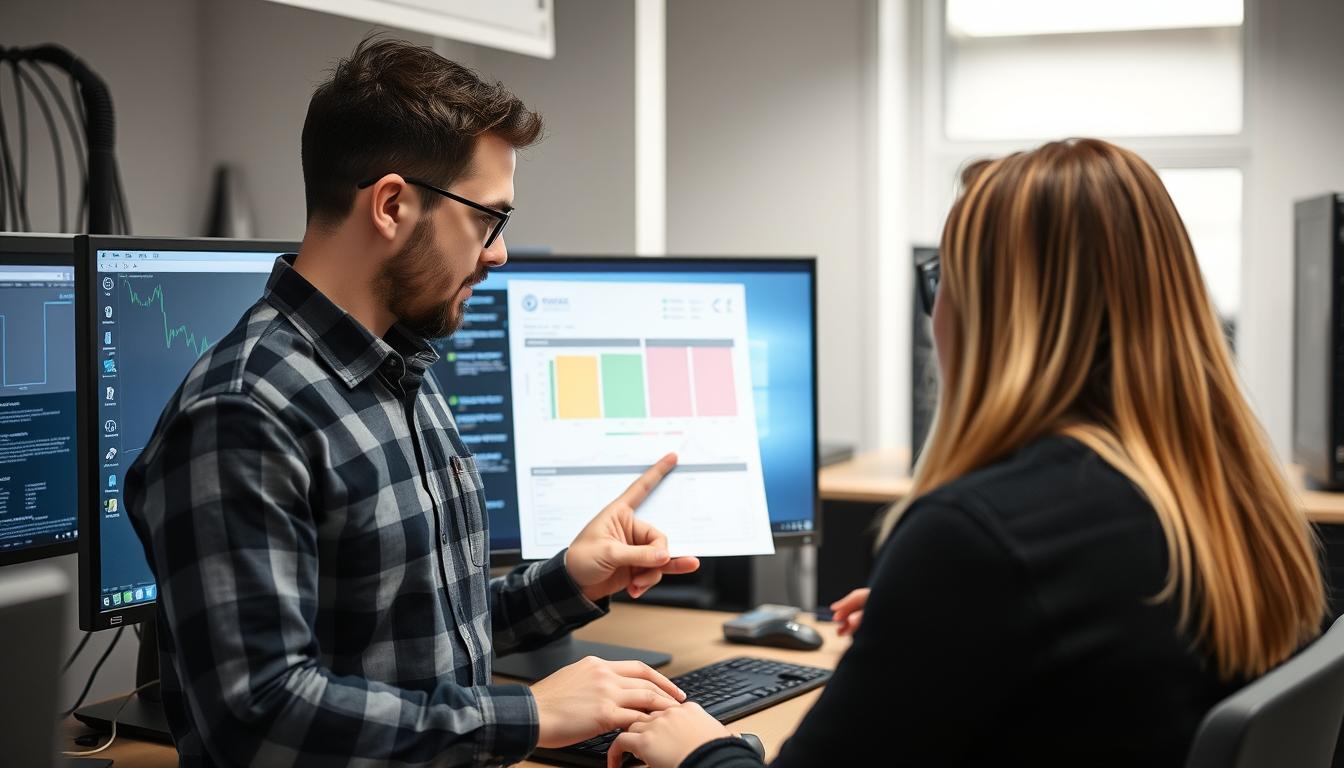 Tekniker der besvarer spørgsmål om PC diagnose og fejlfinding til en kunde