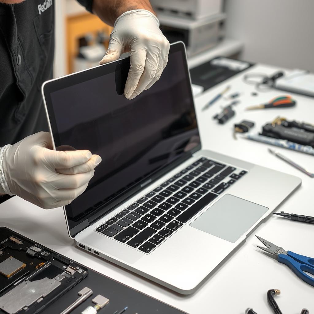Tekniker der reparerer MacBook skærm med originale dele