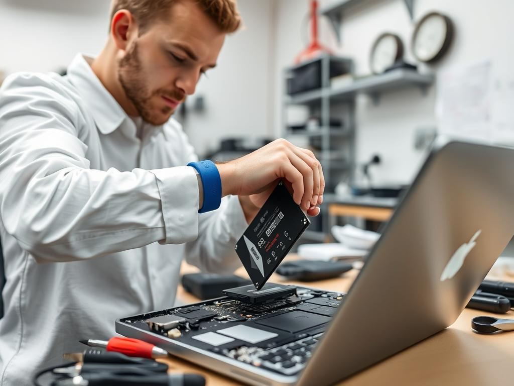 Tekniker der udfører SSD opgradering på en computer i København